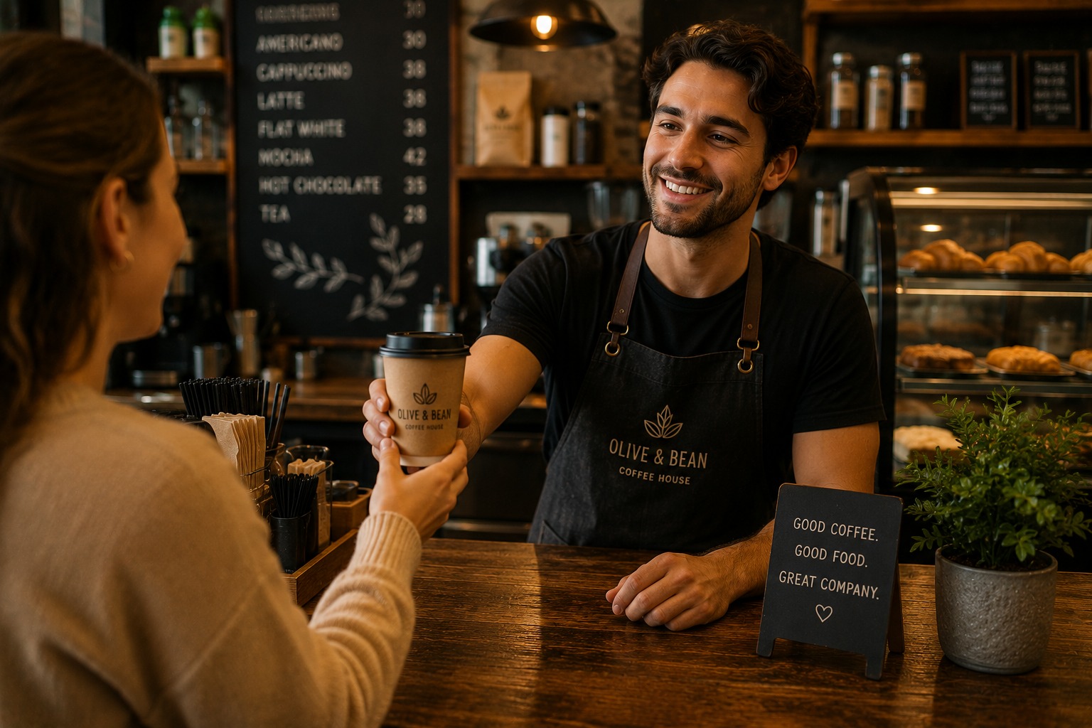 Barista handing a coffee to a customer